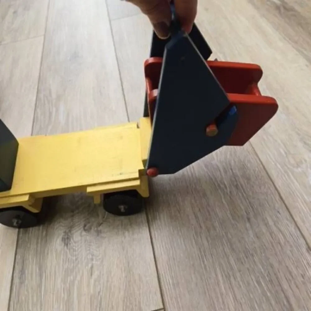 2 vintage Romania toy wooden trucks colorful, moving parts collectible